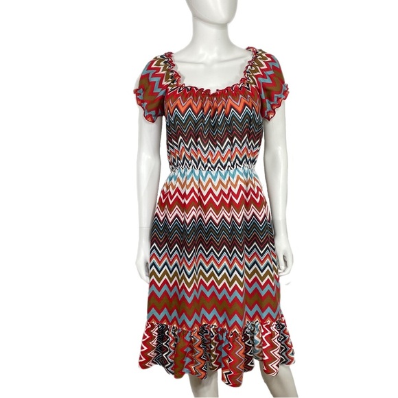 Pink Cattlelac Multi-Colored Chevron Ruffle Edge Dress - Picture 1 of 7